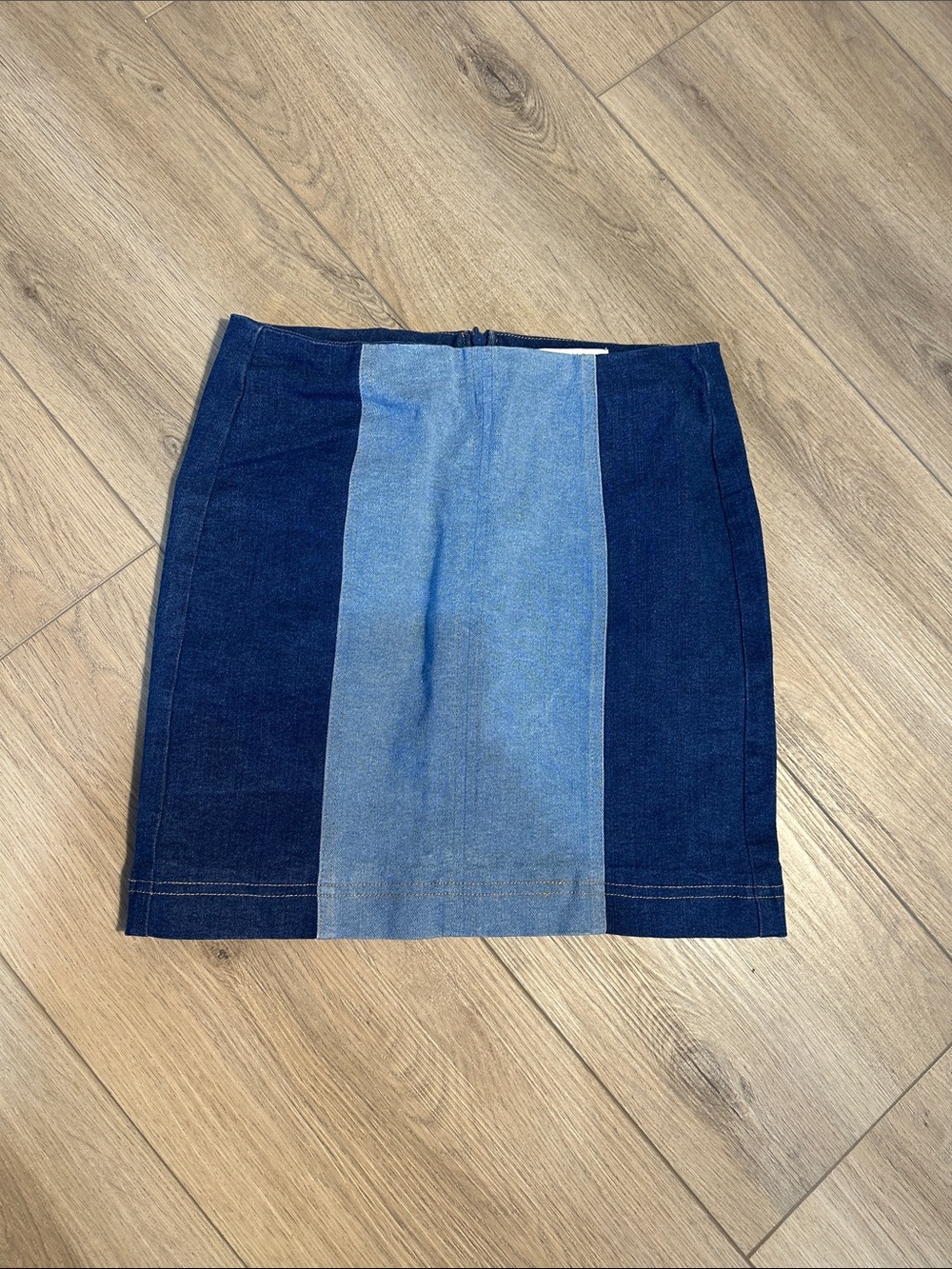 Colorblock Denim Mini Skirt - Dark Blue and Light Blue. Size small. Kate Kasin